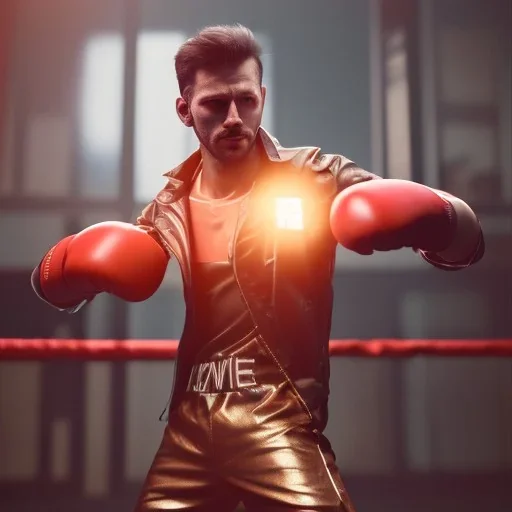 Cyberpunk Man boxing in the ring unreal 5, octane render,cinema4d, dynamic lighting, 8k, redshift render, highly, hyperrealism ultra detailed, hyper realistic.