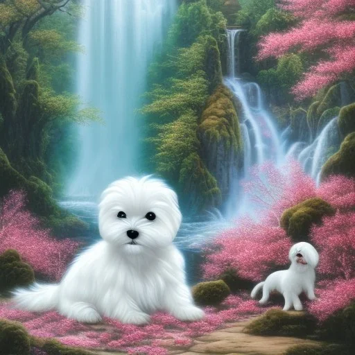 chiot bichon maltais blanc avec des cerisiers du japon et une cascade d'eau lumineuse