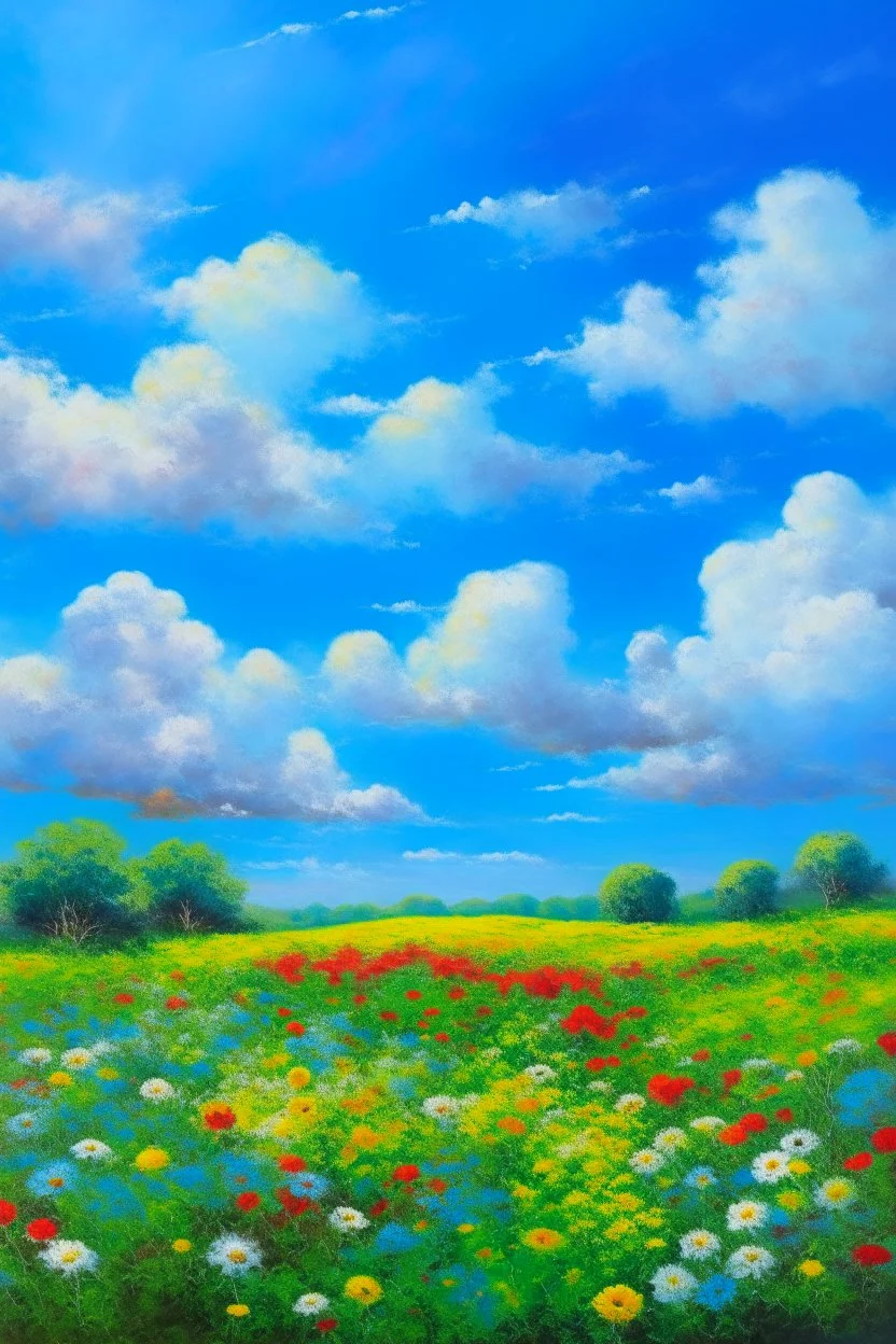 impressionism nature peace communication compassion tranquility blue sky meadow fluffy clouds flowers monet