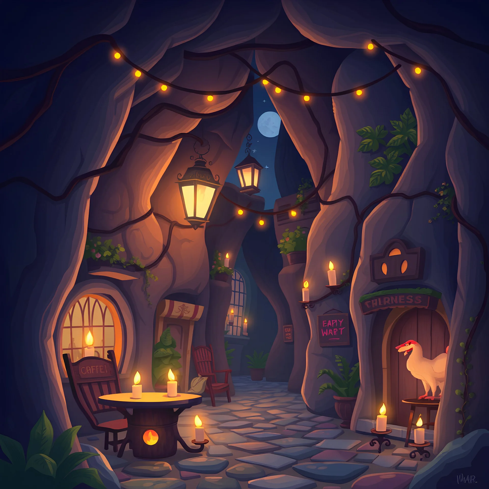 Cartoon whimsical fantasy nighttime underground city cafe lit by candles