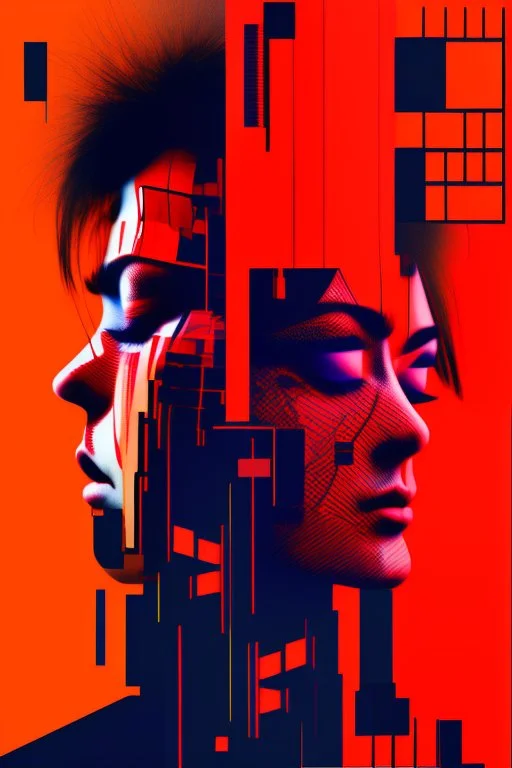 skip skip skip vs art jux tox, arafed abstract red patterns, cyberpunk juxtapositions parallel with arafed probabilities, no outlines, 2D photography, glitch pattern background, eye closed, eye reduced to single line, slight smile, dramatic, dynamic, tilt dynamism, double exposure, negative space, liminal space, tint leaks, glitch fragments, scream vibe, caffeine vibe