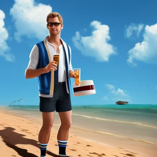 deutscher männlicher urlauber am strand in socken und sandalen mit einer bierflasche