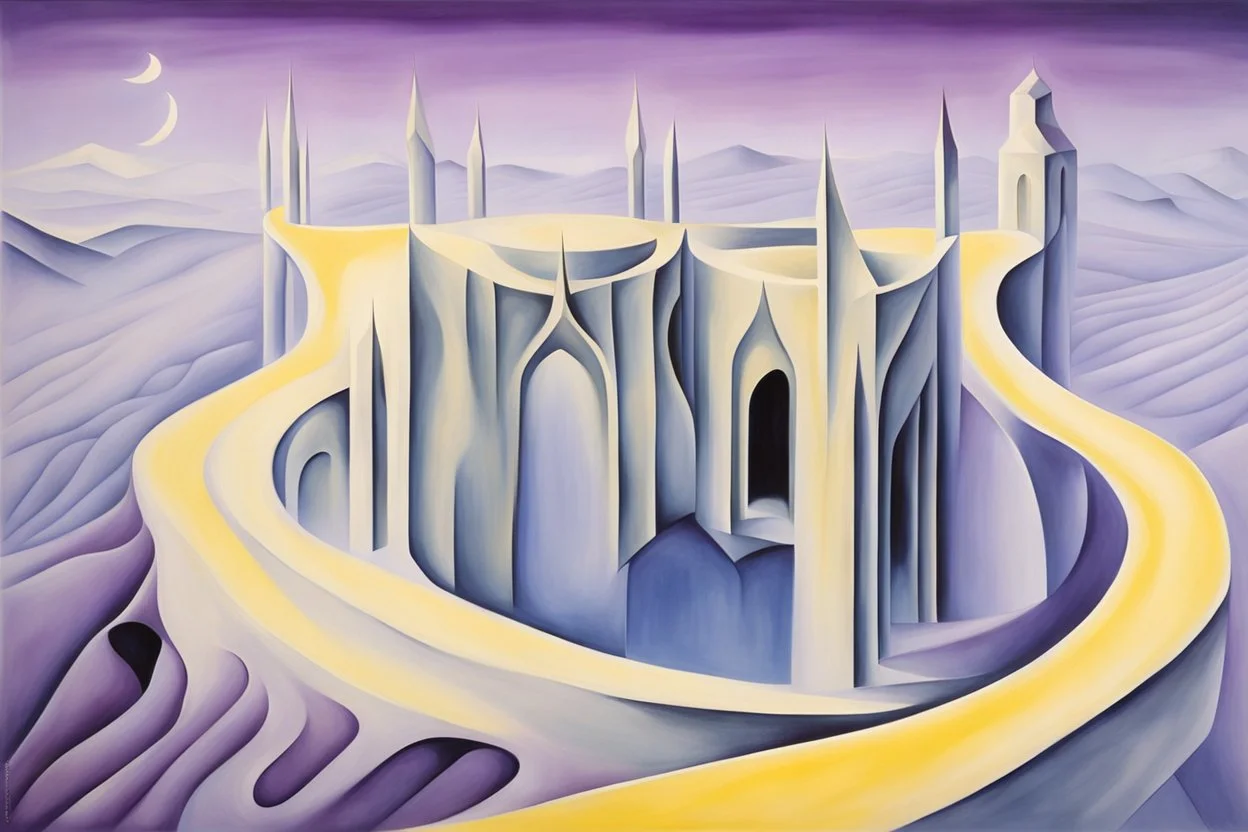 a surreal open gothic_arab gate in a glass wall with a view of a desolate landscape, thick fog,storm, by artist "Leonora Carrington",by artist "Zaha Hadid",by artist "Escher",These colors are bold, vibrant, and intense, including shades of colors such as purple, blue, and yellow.