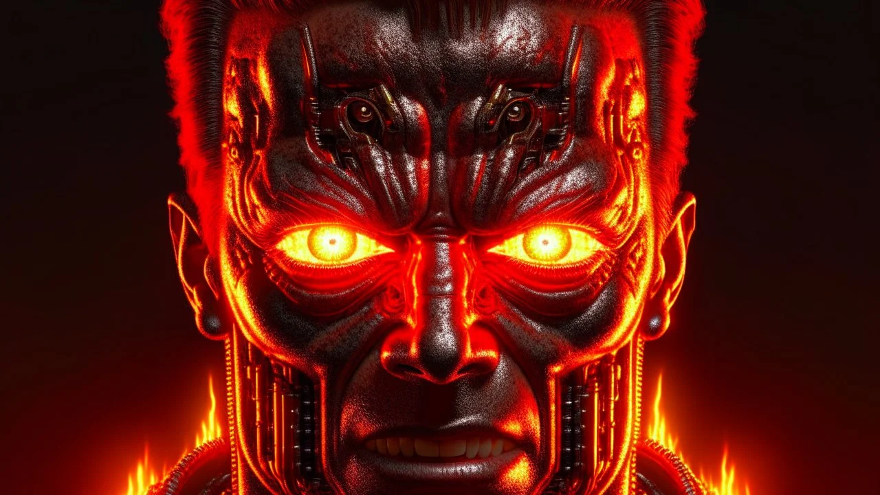 4K, ultra detail, full realism, portrait terminator logo, full face, flames in the background