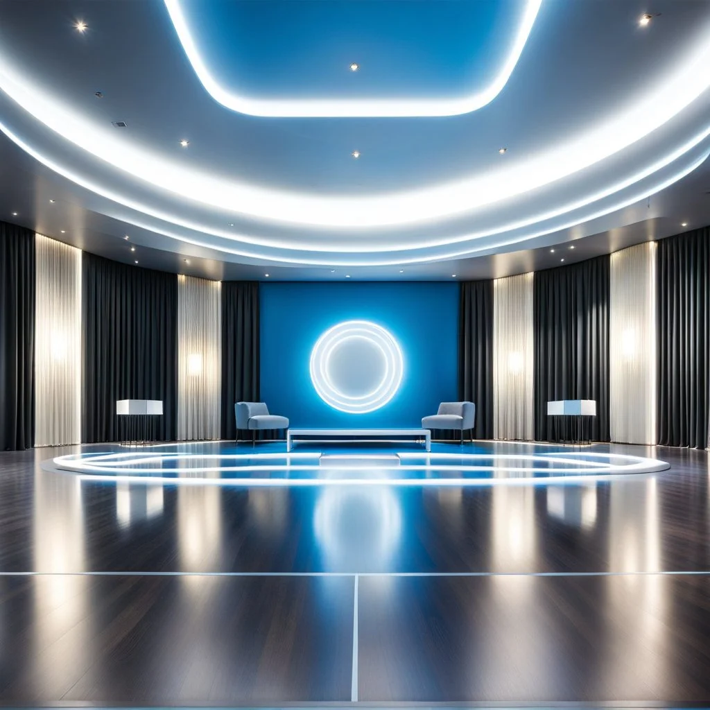 beautiful dance stage with no dancers in luxury modern hall dynamic lights, modern furniture light blue & gray theme