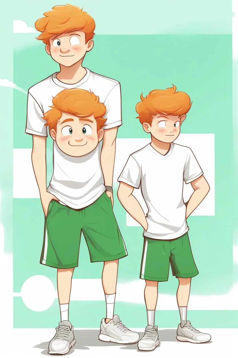 cartoon style, two teenage brothers, ginger hairs, one is slim, second chubby and lower, typical teenagers, white faces, green eyes, sport shoes, characteristic standing pose for book cover, white background