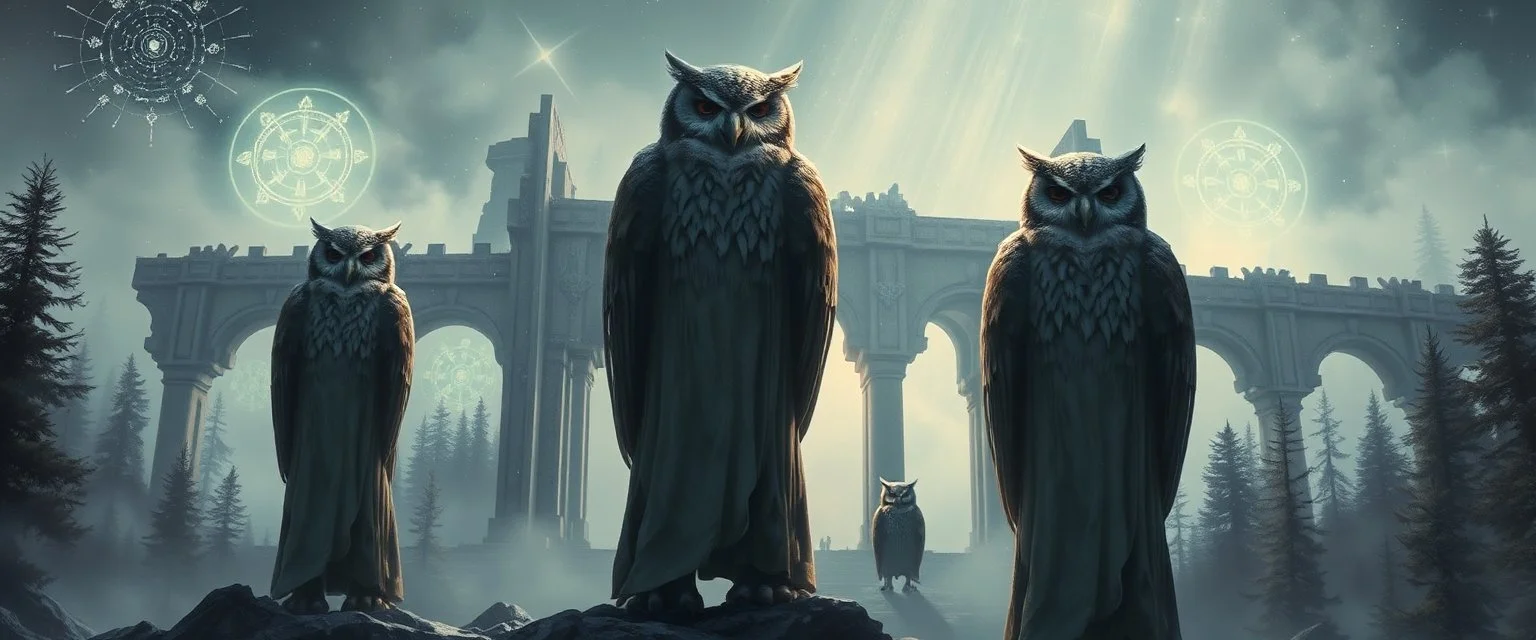 Tall robed owl-humanoids standing among ruined alien libraries, glowing floating symbols, star-lit fog, metallic arches collapsed into forests, one owl turning its head unnaturally far, prophetic and ancient atmosphere, airbrush sci-fi fantasy poster, soft cosmic light