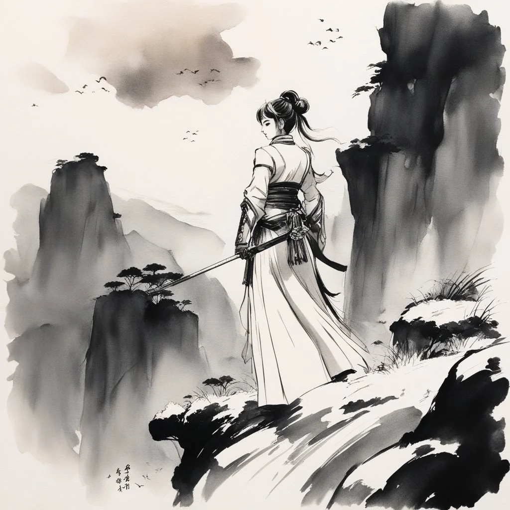 [traditional Chinese brush, expressive line, ink washes] Barbarella in samurai woman standing close to a precipice