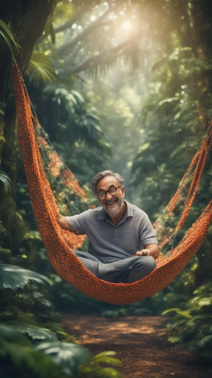 portrait of a happy blissed professor woven into a sacred geometry knitted tapestry hammock over a tiger in the middle of lush magic jungle forest, bokeh like f/0.8, tilt-shift lens 8k, high detail, smooth render, down-light, unreal engine, prize winning