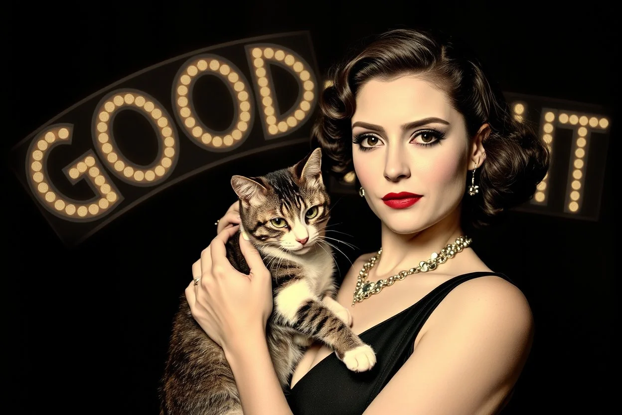 photo, portrait of an art deco woman with a cat, sign "GOOD NIGHT"