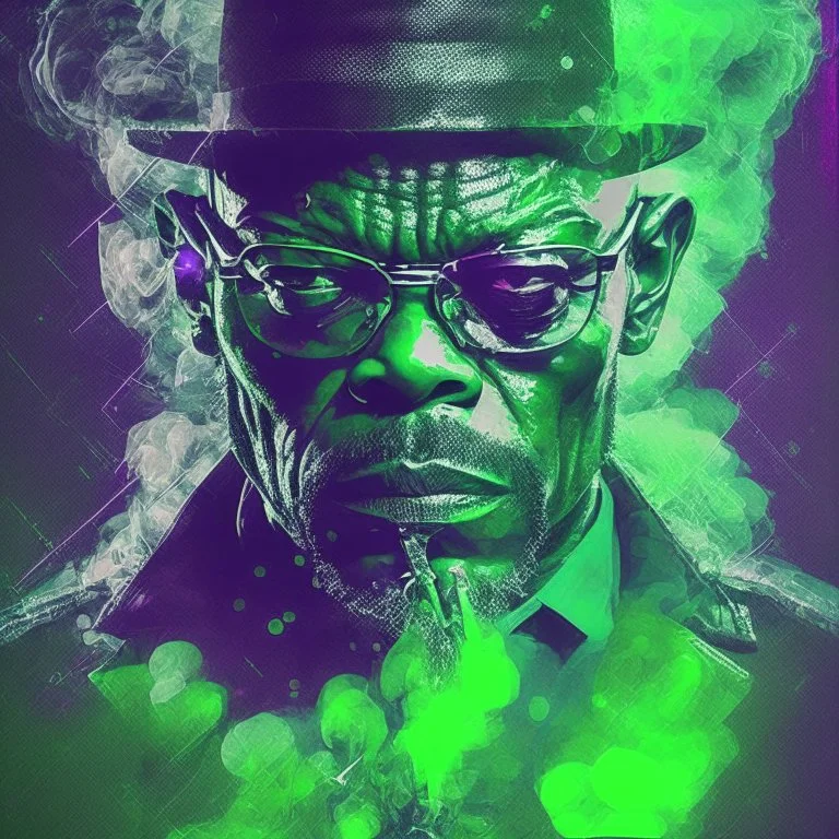 Joven Samuel l jackson con poco detalle borroso, mutando en un alienigena skrull, depresive green abstract digital art obscure smoke london dramatic, torbellino de oscuridad, en un estilo de arte lisergico experimental abstracto de poco detalle