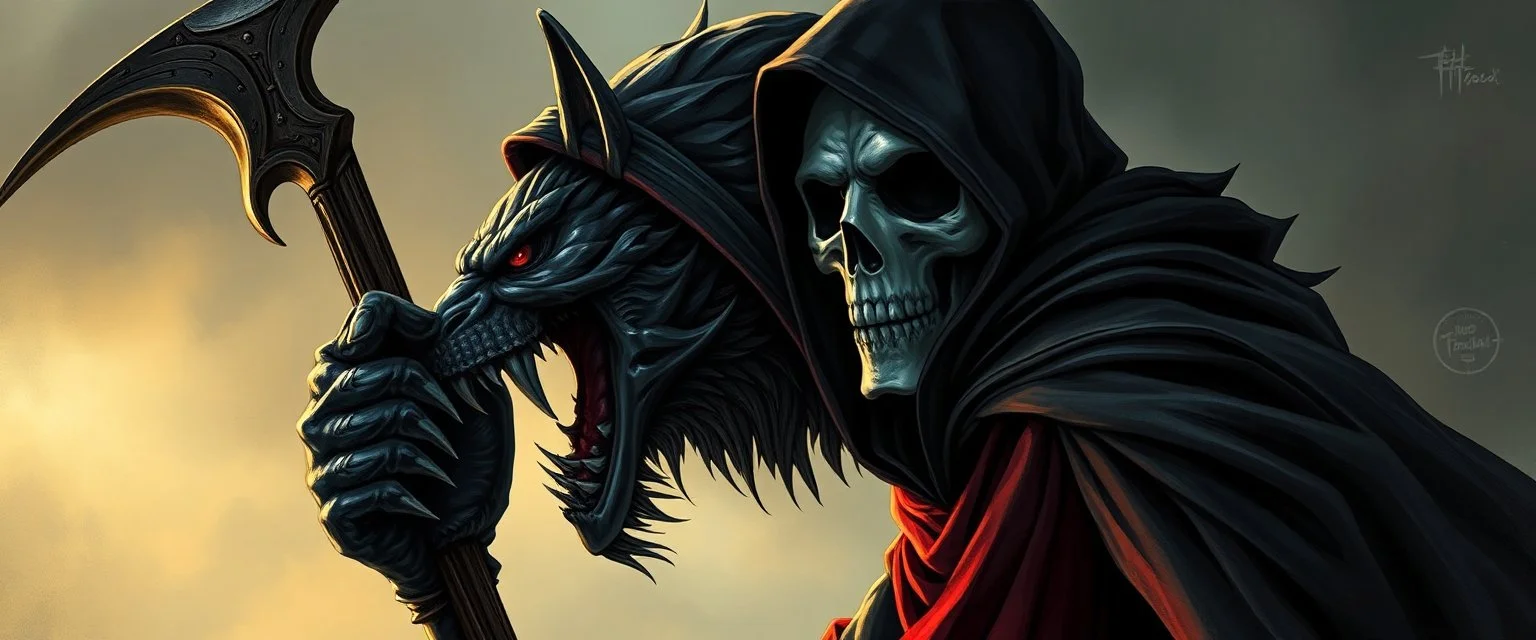grim reaper werewolf cape harlekin, morning , scimitar