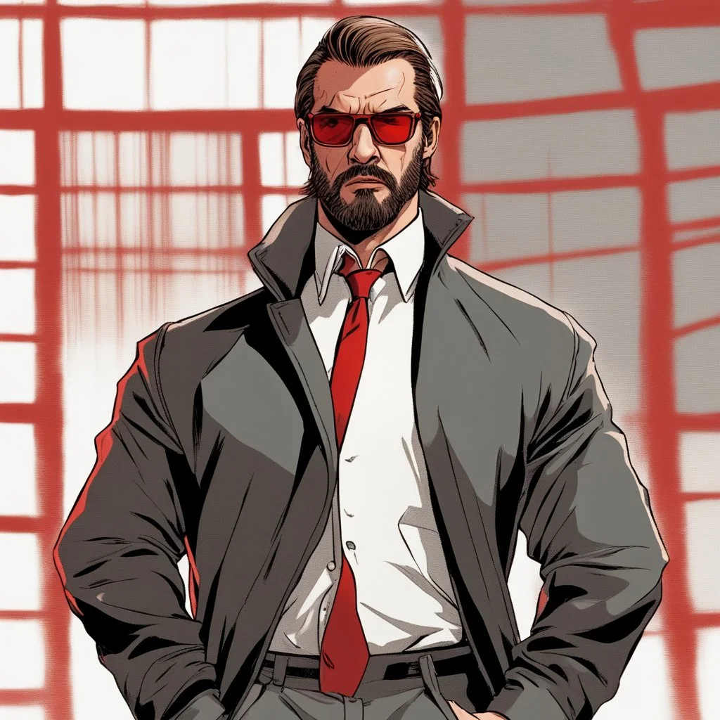 a young man with big muscles who looks like hans gruber wearing a turtleneck and red sunglasses staring with an angry look on his face