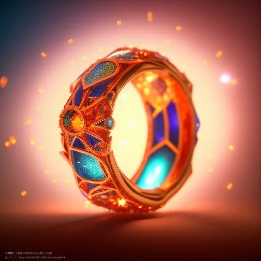 Ring made by wood roots and shreds of glass, orange diamonds sparkles, red rubi fragments around, blue lights reflexes, complex structure, gold details, intricate ring pattern,Unreal Engine 5, lens macro,sharp focus, realistic, hyper detailed, studio lighting, neon light ambient,