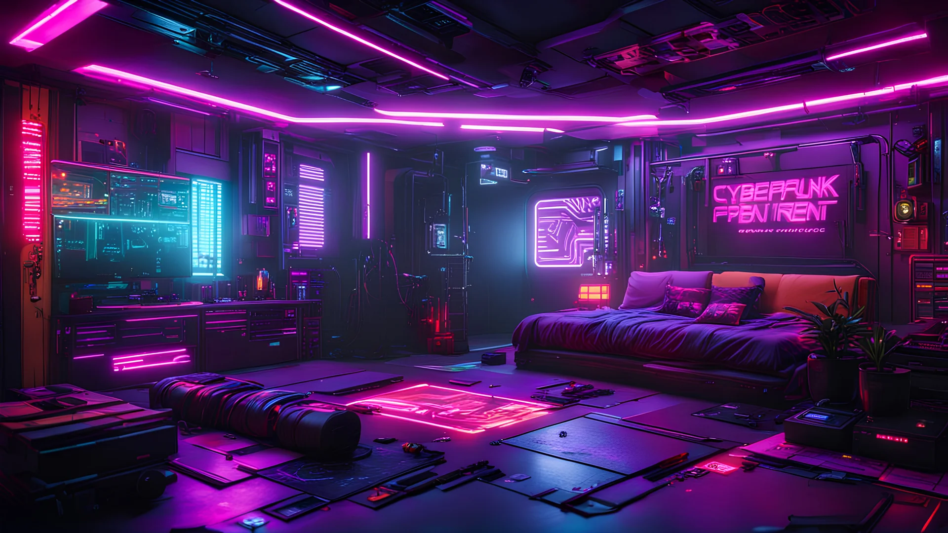 Cyberpunk apartment from the video game Cyberpunk2077. Detailed. Rendered in Unity. Japanese decorations. Purple lighting. Holograms. Environment art.