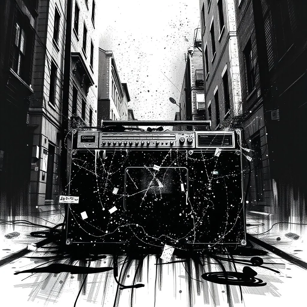 dirty back streets ghettoblaster abstract particles waves length sonic capacity black and white cube