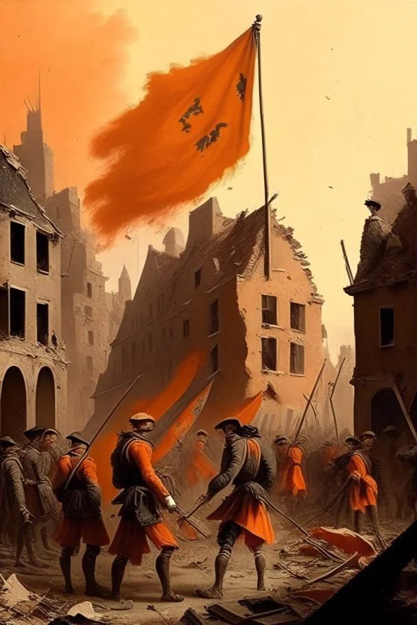 Dutch soldiers from the 1700s putting a orange flag in the middle of a destroyed city