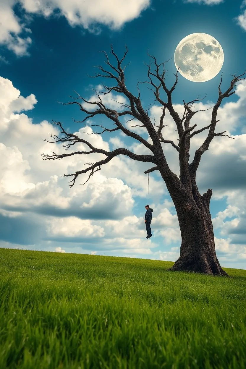 The Green Grass field under a beautiful moon and cloudy sky .A big Tree standing in the middle , a dead man is hanged,