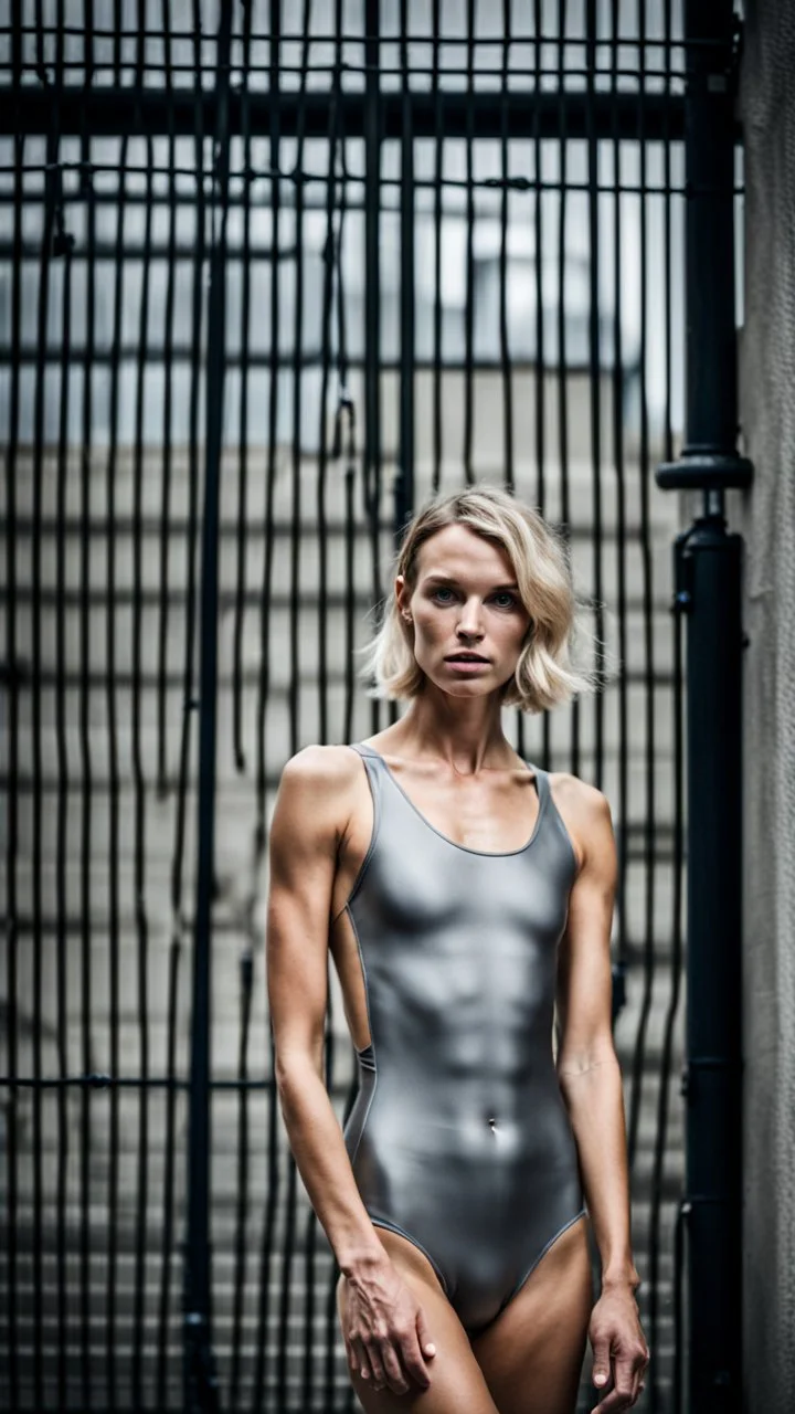 beautiful anorexic woman, total shot, short grey metallic triathlon swimsuit, short blond wavy bob hair, blurred concrete background