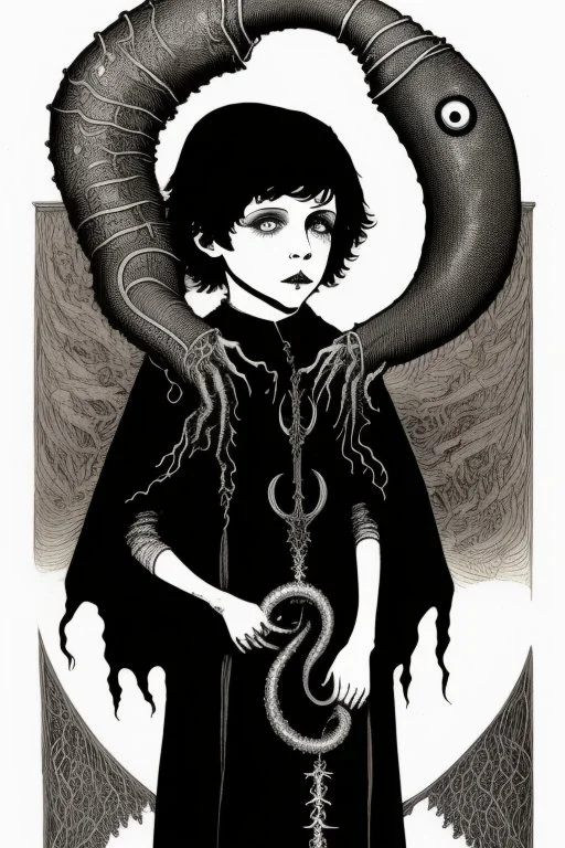 7 year old boy, necromancer, friendly, looks dead,with a lamprey serpent , wearing black robes, in the style of Harry Clarke