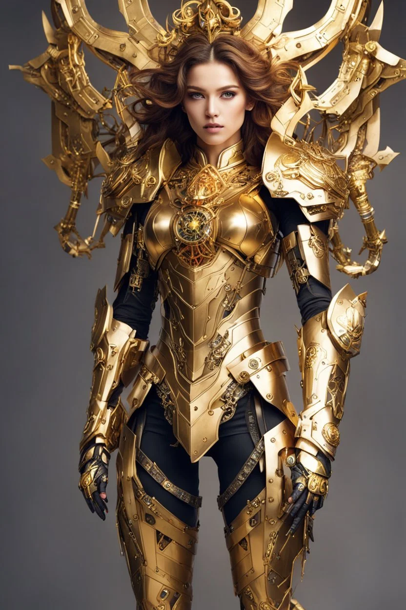 Fullbody Facing front Gorgeous Photography Beautiful Medusa Queen Cyborg dressing Armor Mecha Golden and jewelry,luxury ornaments background