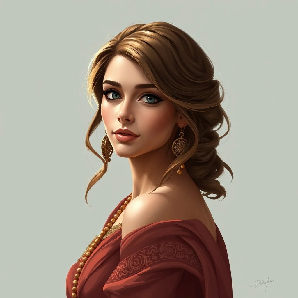 A pretty Roman girl, hazel hair, aged 50, wealthy, digital art, stylised