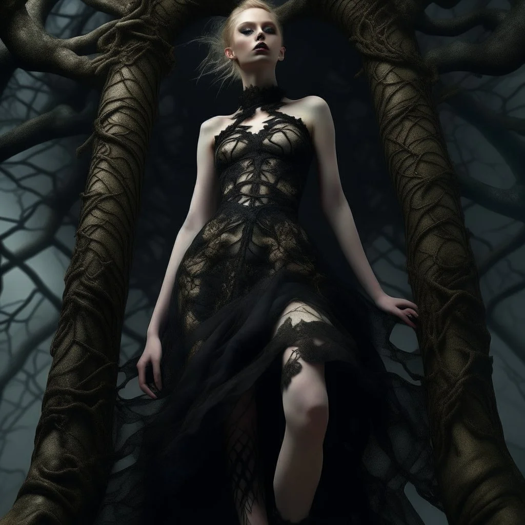 tree(naked:1.1) instagram model in black with open high heels, open lace luxury dress, in the style of multi-layered textures, leather/hide, ornate details, high-angle, slavic core. Carne Griffiths| Conrad Roset| Anna Dittmann| overcast absurdres, HDRAnna Dittmann, UHD, 8K, <lora:epiC35mm> ,<lora:more_details>,<lora:OpenJourney-LORA>