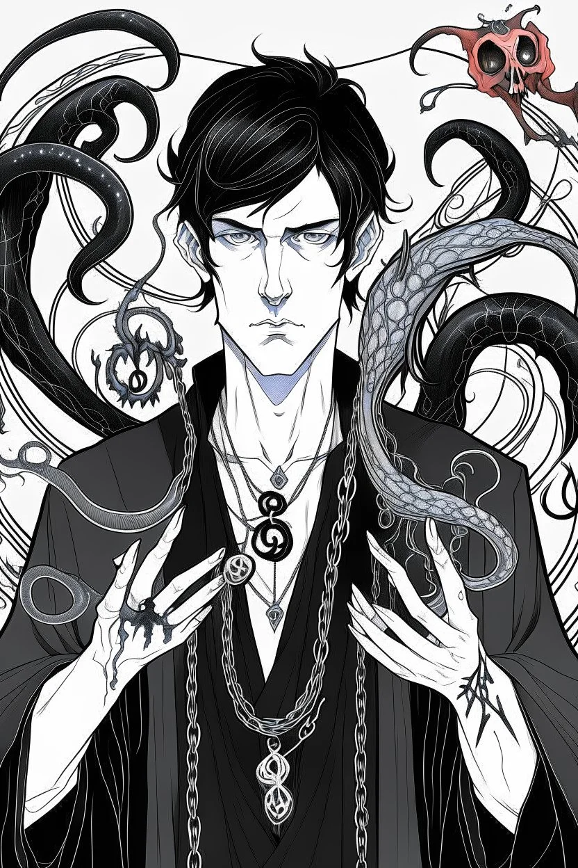 black haired young man necromancer wizard with gothic jewelry and tentacle fingers in the style of Aubrey Beardsley