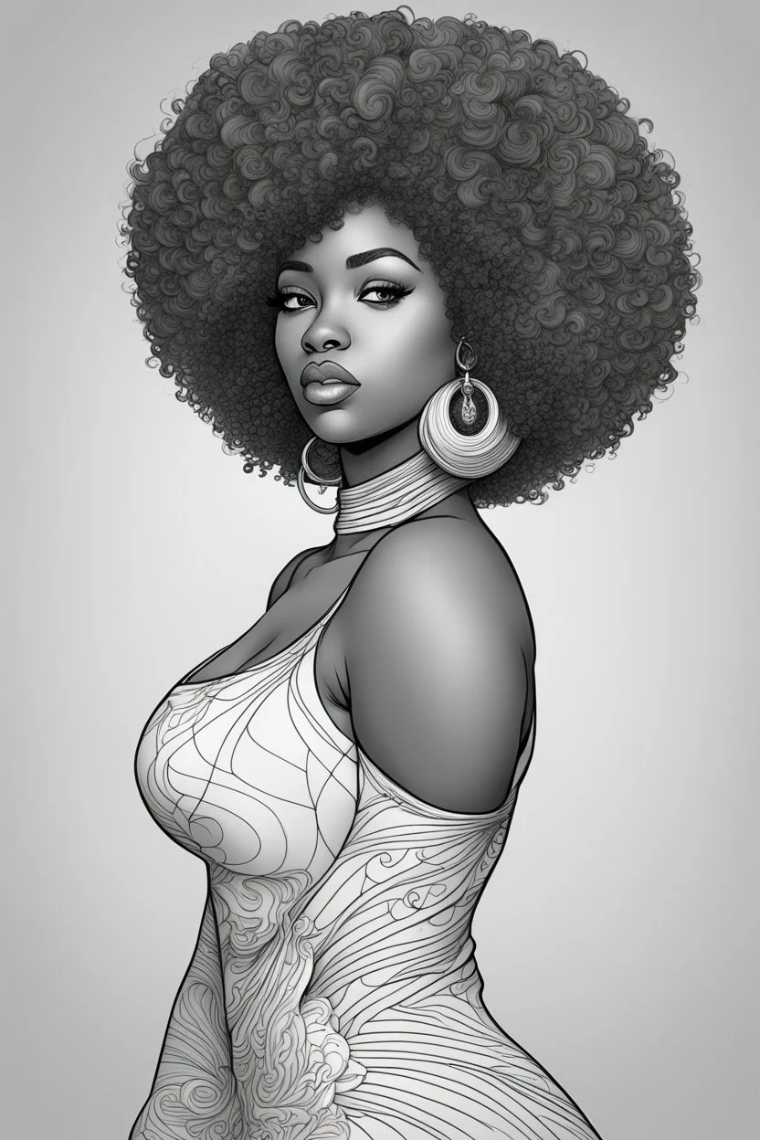 Create a coloring page of a beautiful curvy black female looking to the side with tight curly afro. No shading, No color, define lines, clean lines