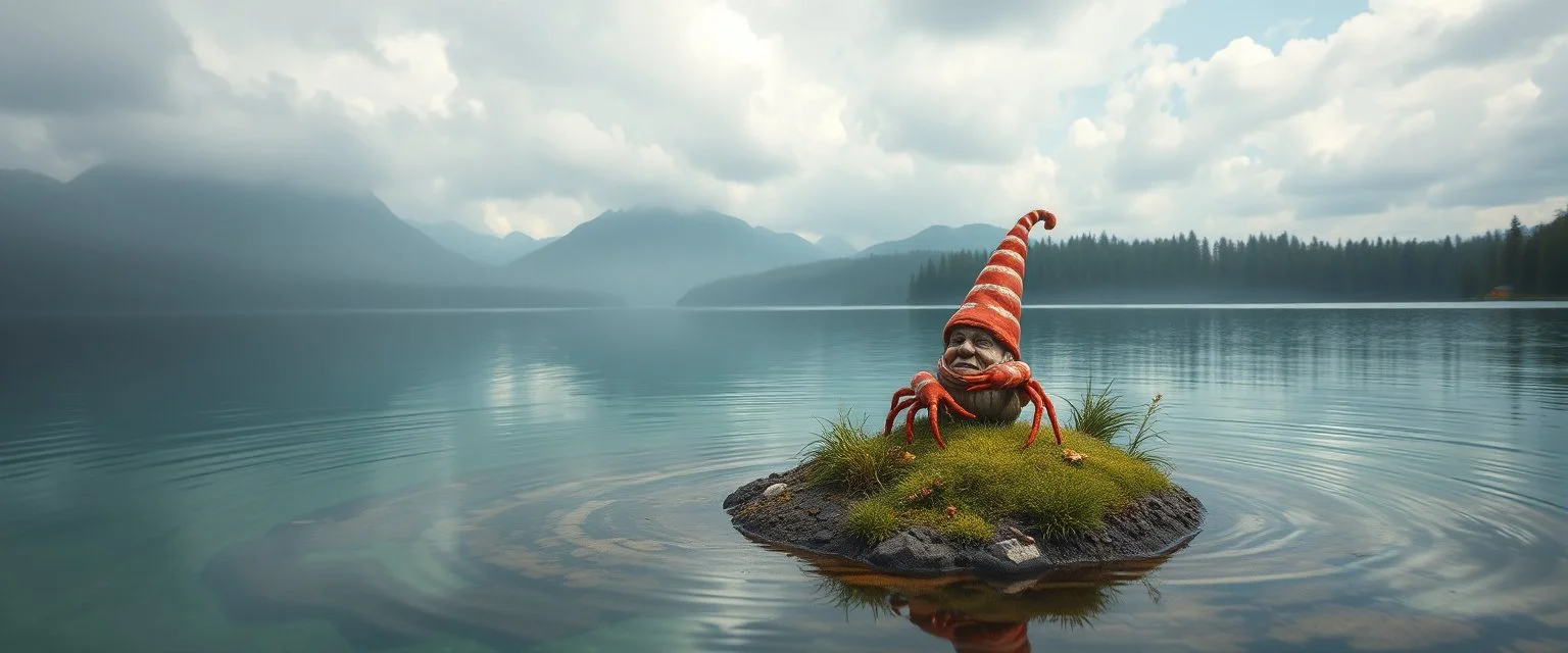 airbrush rendering, mushroom lobster gnome on small island in lake, pinhole cam