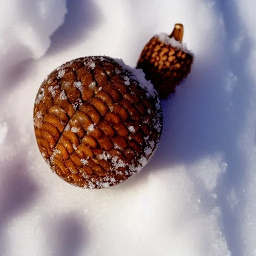 tiny acorn buried in snow, warm colors, soft lighting, snowdrift