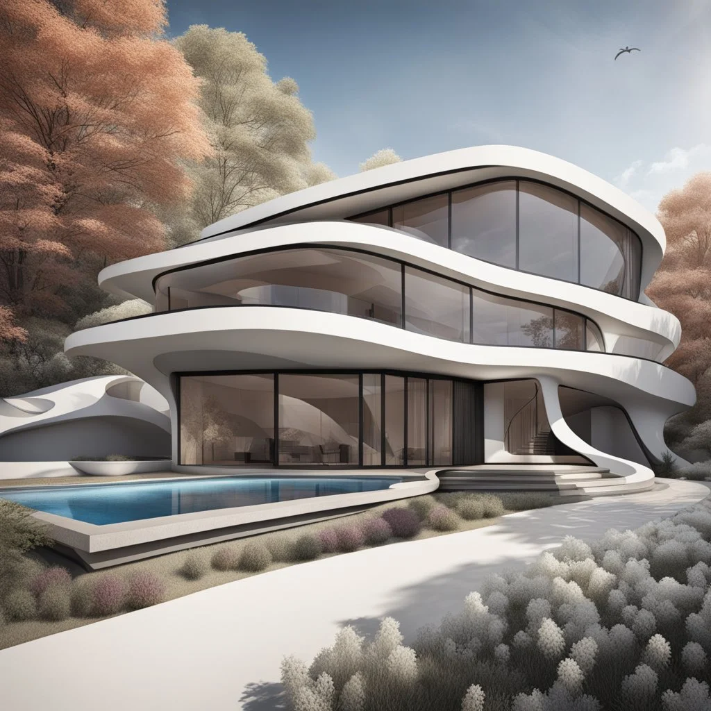 Dibujo de una casa campestre estilo Zaha Hadid, arte grafiti, calidad ultra, 8k