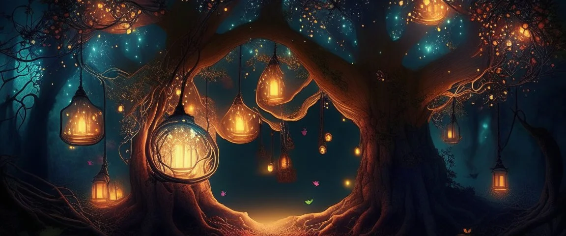 magical tree with lanterns in a magic forest, can be used as a backgroud