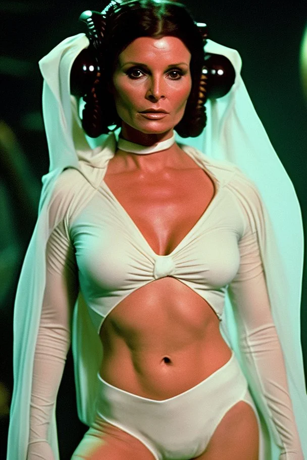 [Jane Badler, V, Diana] Diana, in princess Leia's slave costume of the Return of the Jedi, close to Jabba the Hutt.