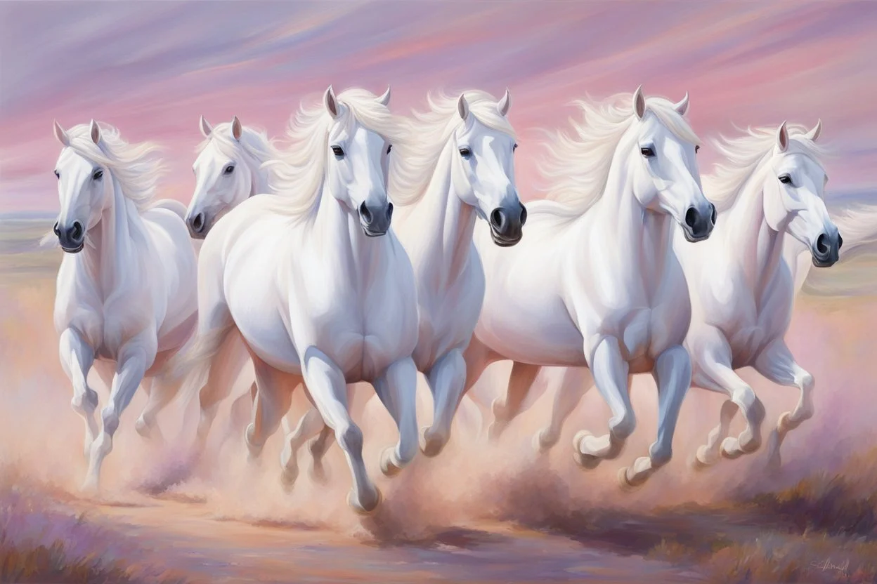 Oil on canvas portrait of seven majestic white horses galloping in a vast, open landscape. They go at full speed, their manes blowing in the breeze. The soft gradient background of pastel pinks and purples creates a serene and dreamy atmosphere. Clear summer weather. The overall effect is one of movement and freedom, capturing the boundless spirit of horses.