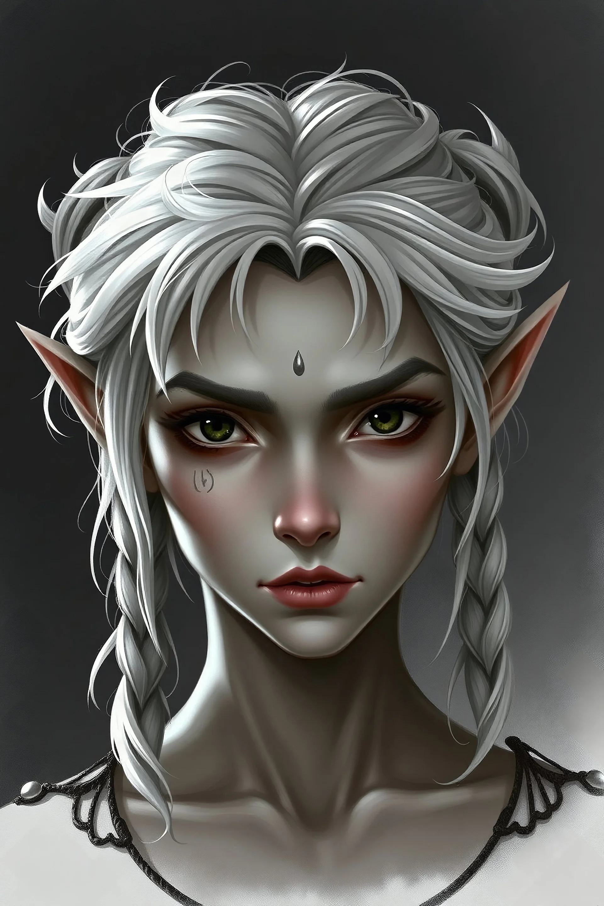 Generate a dungeons and dragons character portrait of the face of a female Shadar-Kai elf. She is a circle of the moon Druid. Her hair is off-white grey in messy pig tails and voluminous. Her skin is grey. Her eyes are black with no sclera.