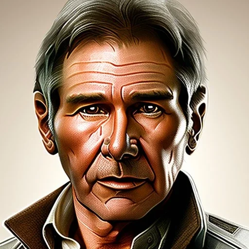 stunning photo realistic detailed head to waist portrait of harrison ford as han solo in star wars with photo realistic short hair, brown eyes,by Sergi Cadenas, Cindy Sherman, Sharp focus, weathered skin,space jacket from star wars,