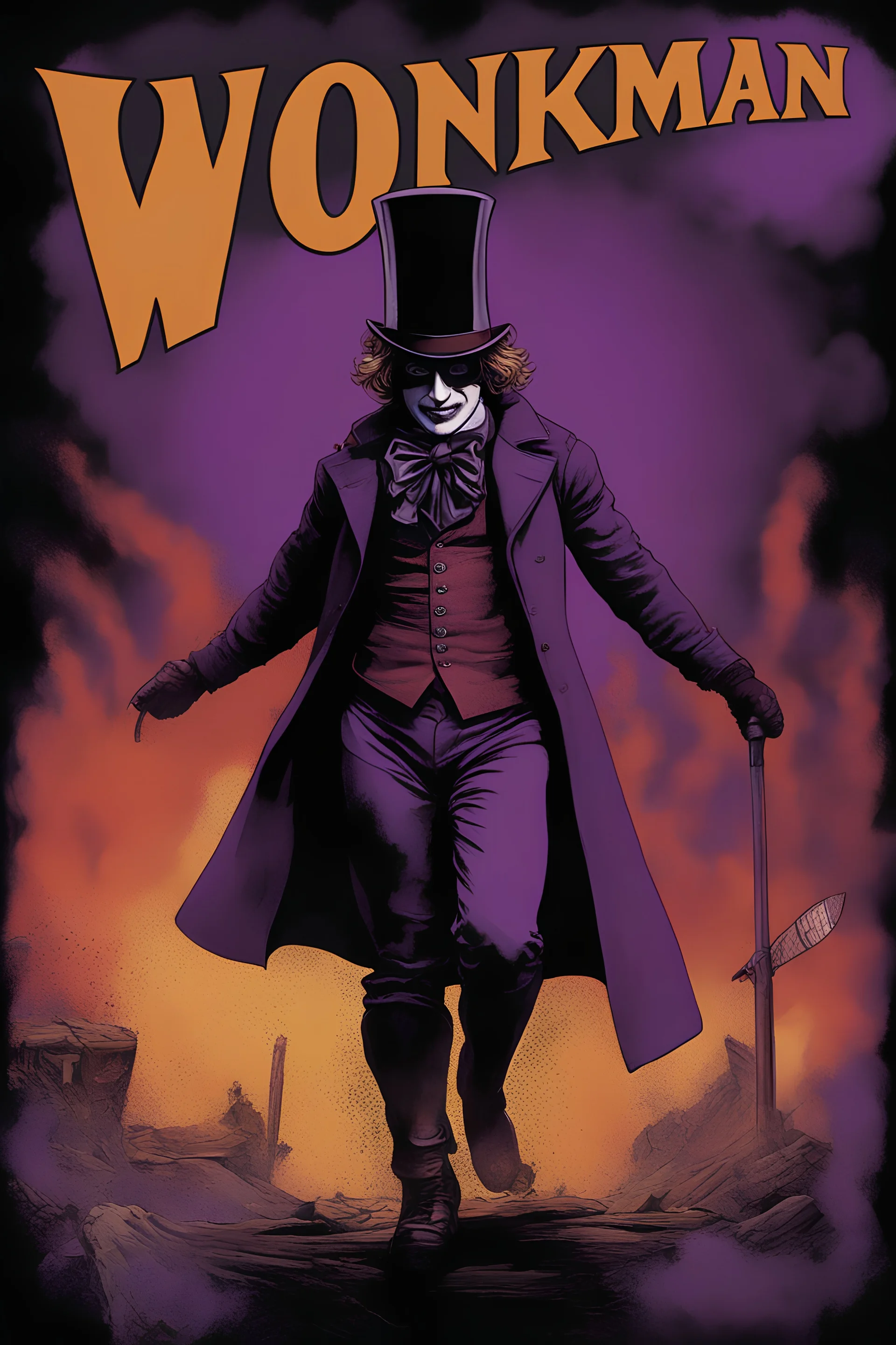 Pitch black Background - dark, wood panel wall in the background - - fog, mist, smoke - extreme action poses - Text "WONKAMAN" - WILLY WONKA - black, bandit eye mask - An extremely muscular and thick Willy Wonka wearing a skintight, formfitting purple bodysuit with black wrist gauntlets, a utility belt, black combat boots and a maroon top hat - he is known as "WONKAMAN" - Coby Whitmore, Christian Dior, Fragonard, Edmund Dulac, rococo masterpiece - professional quality photograph