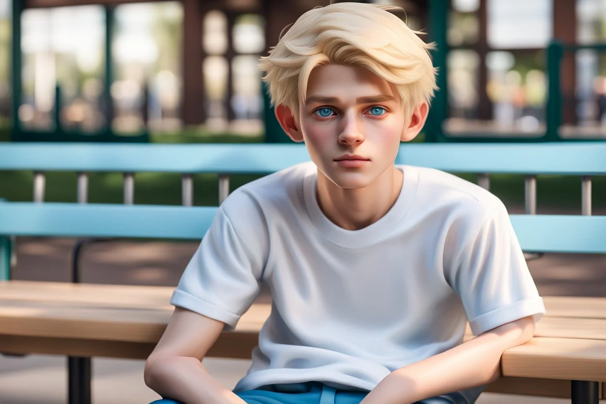 Hyperrealistisch 16jähriger schlanker effeminierter blonder Junge mit hellblauen Augen, das Haar mit Gel nach hinten gekämmt, weißes T-Shirt, sitzt in Schulbank