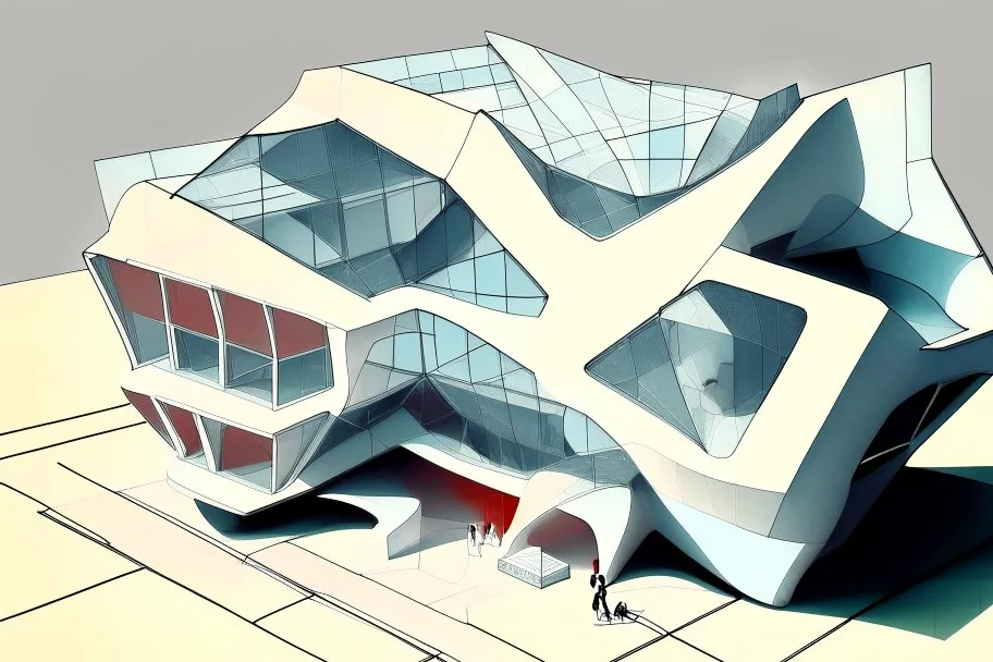 Architectural drawing of a Neofuturistic art museum, (((isometry))), ultra quality, people, treets, forma above