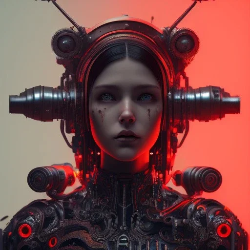 a girl with a cyborg brain and a lot of red liquid, steam punk, scary, horror, realistic, made in octane, cinematic, ultra-realistic, extremely detailed octane rendering, 8K, VRAY Super Real ar 2:3, dof photorealistic futuristic 50mm lens hard lighting dark gray tintype photograph, realistic lighting, sephia colors