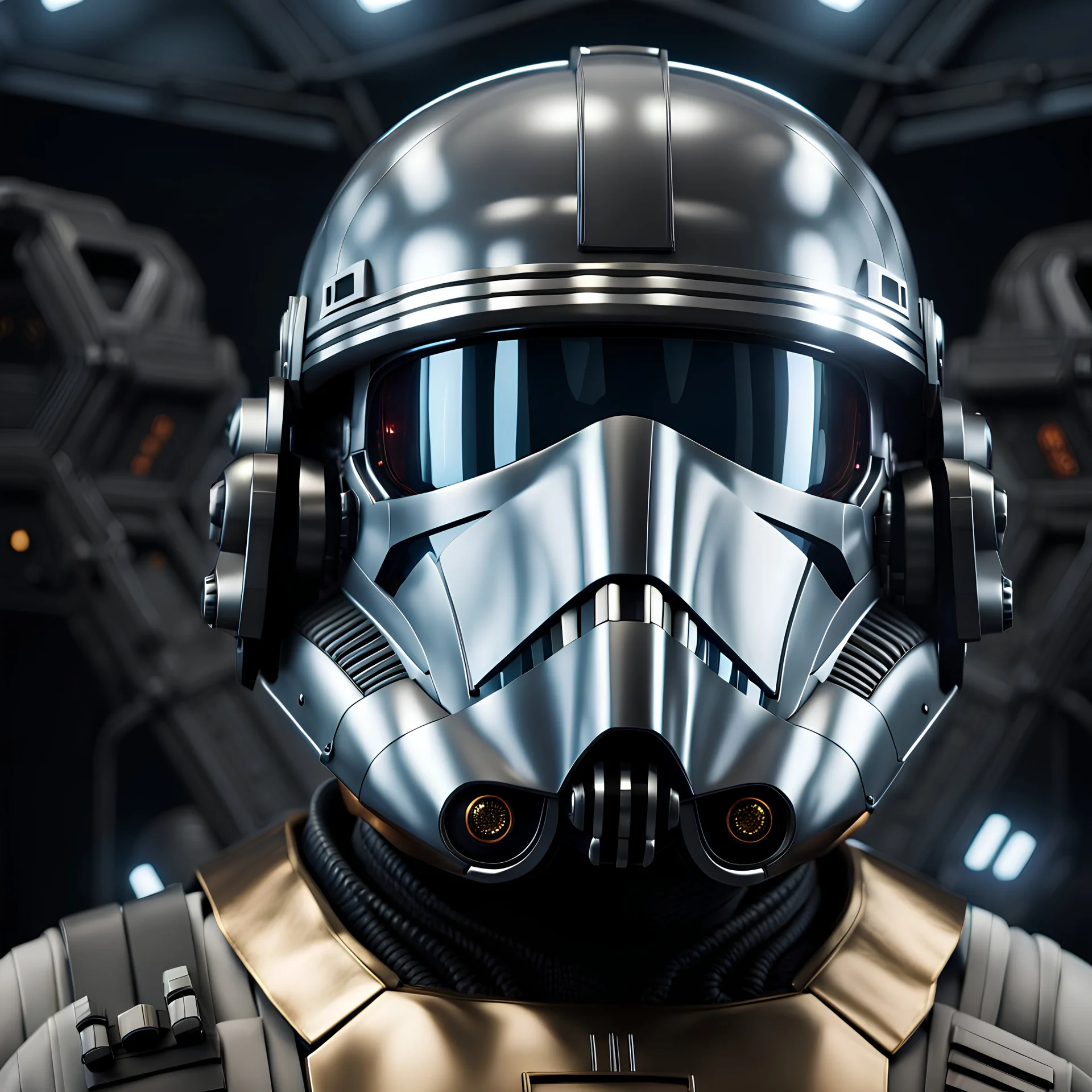 star wars bald male corellian pilot wearing dark gunmetal grey and black First Order special forces TIE pilot armored flightsuit and helmet with gold trim inside the jedi temple, centered head and shoulders portrait, hyperdetailed, dynamic lighting, hyperdetailed background, 8k resolution, volumetric lighting, light skin, fully symmetric details