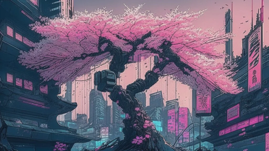 Japanese cherry blossom, in cyberpunk city, comic style,