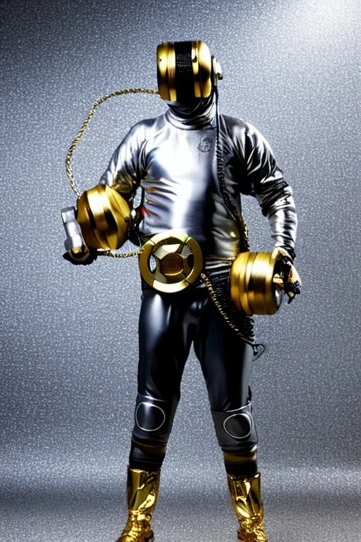 Metallic Cyber-punk style man with camera-mask and old AKG-style headphones with golden rings. Fencing mask covers man's cheeks. Good body shape. Reflective plastic. Body and head full of integrated old-fashioned cameras. Ancient silver telephone attached to perfect body, trunk. Euclidean 3D-tiling, Escher tiling, background. Cables from shoulder, connect. Daft Punk, Tron Matrix movie black leather jacket, tippet. Yellow latex areas in black leather surfaces body. 1990's. Trypophobia, ant