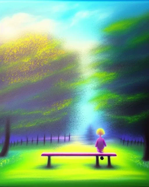 park mystical dream, park bench, man, woman, child, dog, trees, path, bird, sunshine, mystical, fantasy, romanticism, pastel colors, daylight, daytime, acrylic painting, detailed, soft focus,