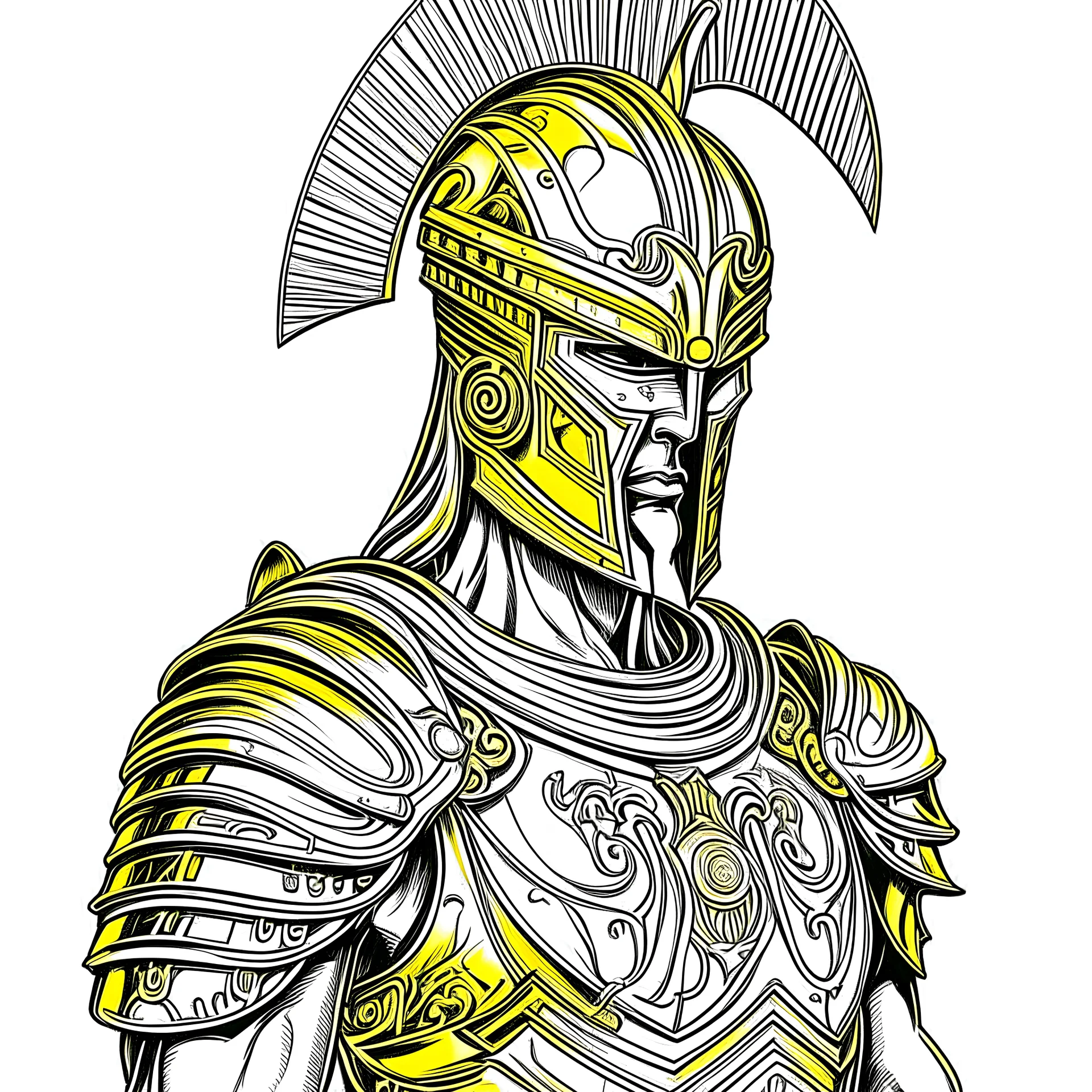 greek warrior, ancient, helmet, highly detailed pencil sketch, whole body, god mode, Medieval, proud, confident, trippy, ultra detailed, golden armor, center of the picture, medium shot, vector illustration