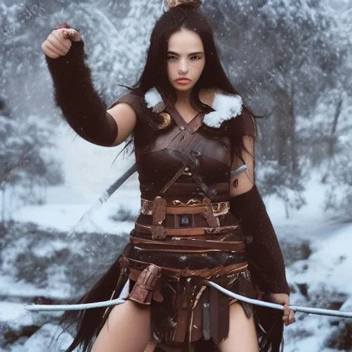 body amazon viking woman godess beauty forest snow black hair fighter