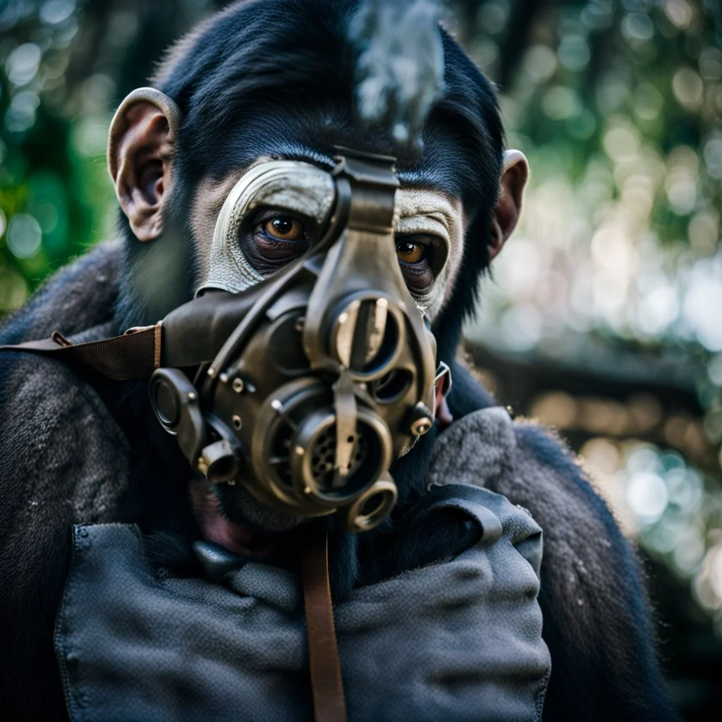 Close up of a Ape wearing a gas mask, Christopher Nolan, Dystopian, Extreme depth of field, bokeh blur, Alberta, all-natural, in the style of candid, imperfection, natural lighting, Fuji Film, Anamorphic lens