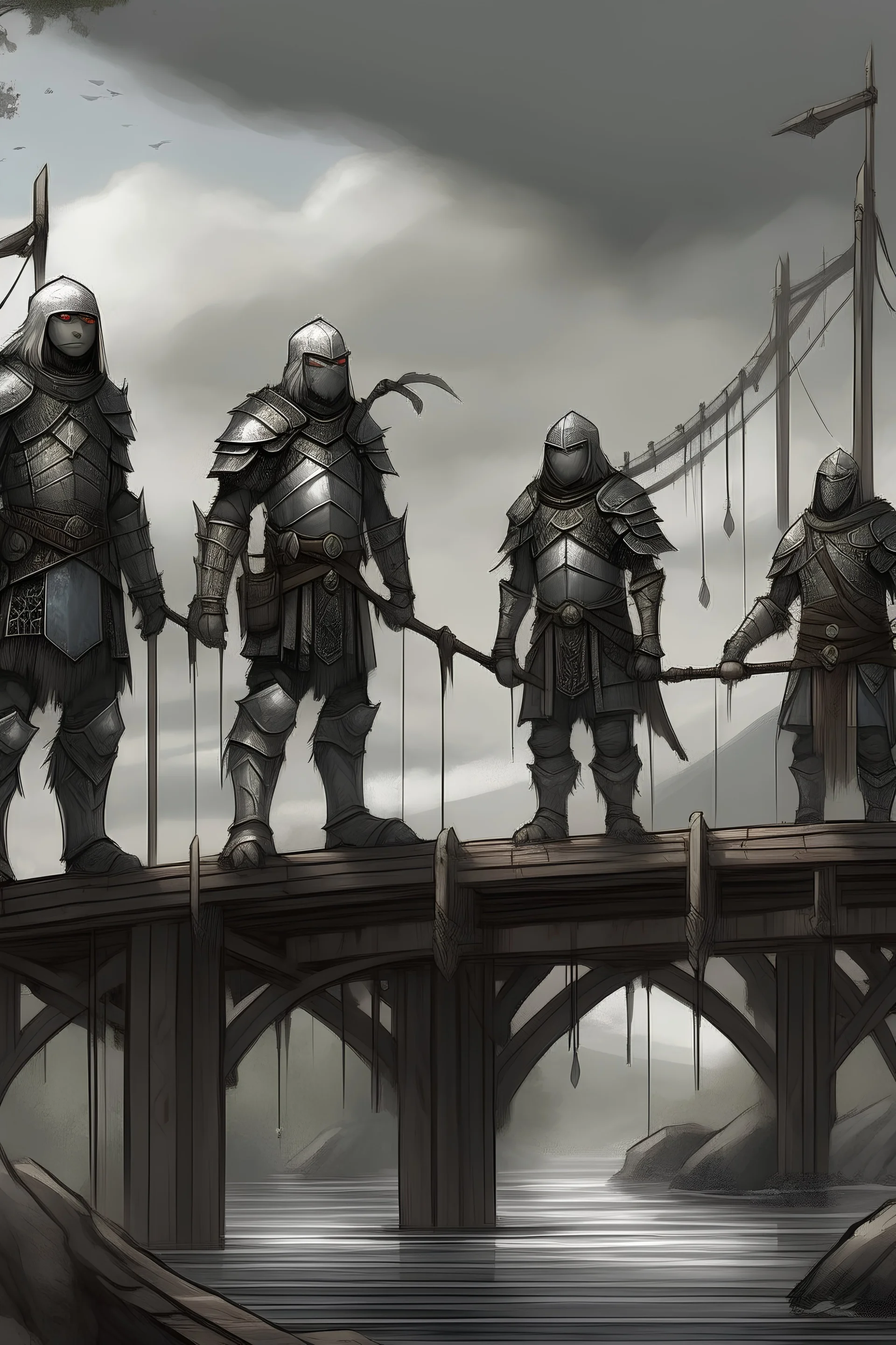 fantasy warriors, standing at the border of a bridge