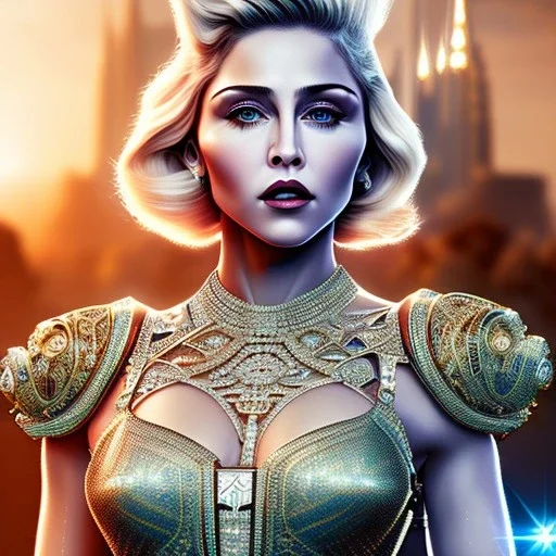 madonna, Cyborg queen, light blonde hair, pixie hairstyle, cobalt eyes, waist up portrait, 8k resolution, intricate details, ornate details, soft lighting, vibrant colors, masterpiece, intricate eyeliner, dark eyeshadow, eyes, intricate tattoos, futuristic cityscape background